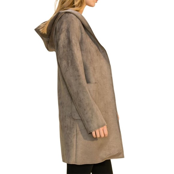 HYFVE WOMENS MUSHROOM/BEIGE LONG SLEEVE FAUX SUEDE JACKET W/HOOD W/POCKETS - - Picture 1 of 10